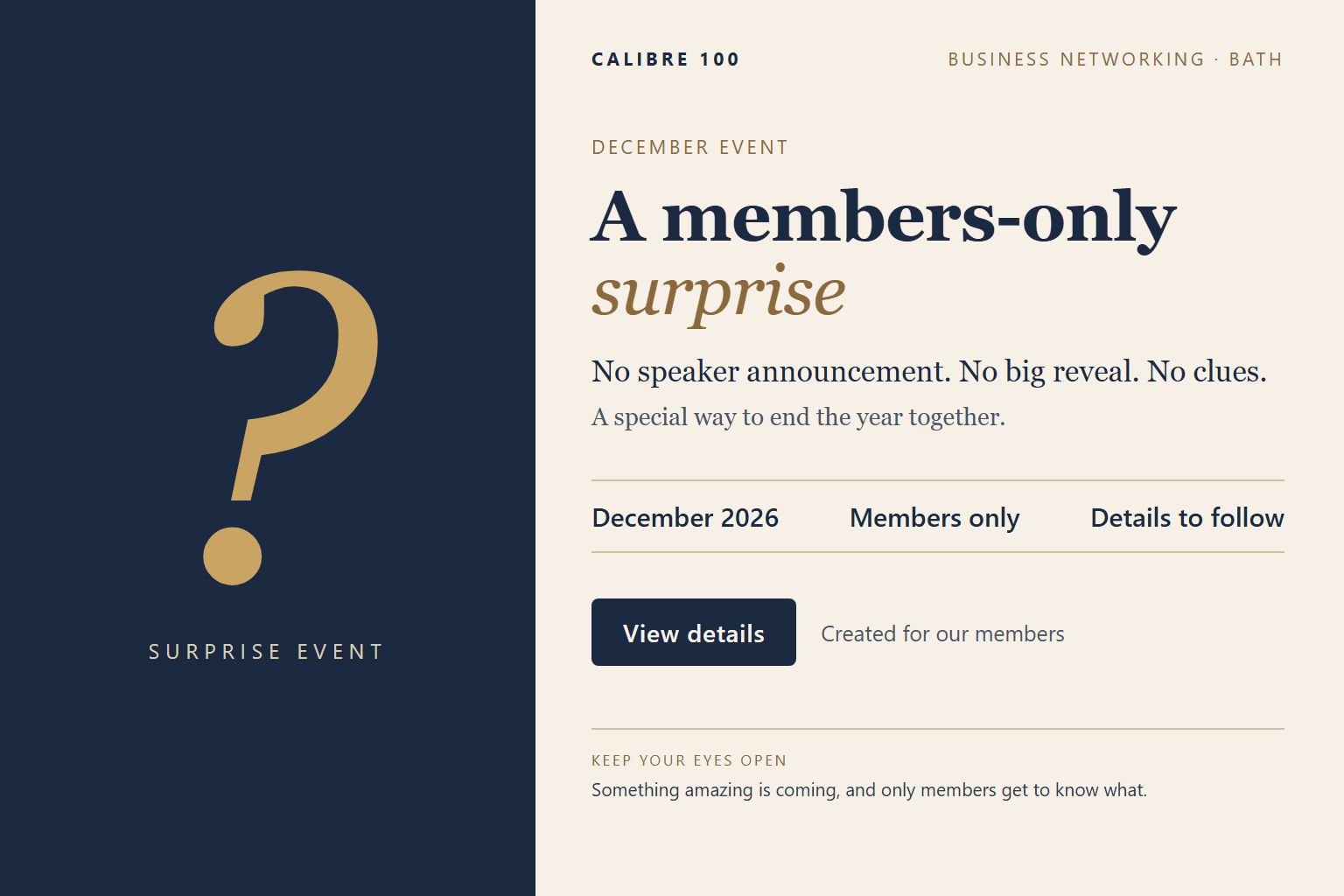 Calibre 100 December 2026 members-only surprise event